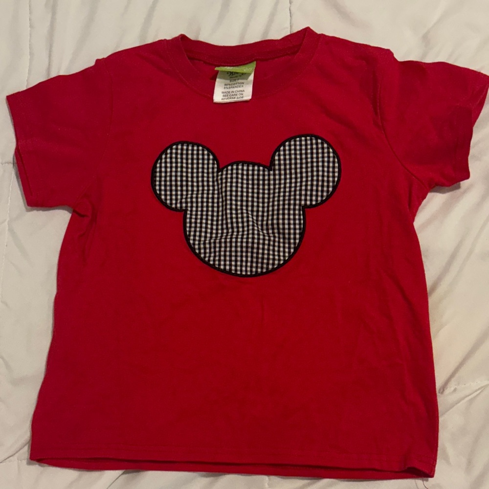 Red Kids Shirt with Checkered Disney Mouse Design